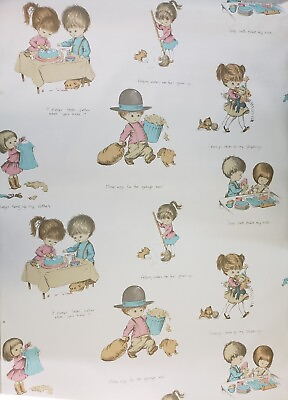 #ad Vintage Good Boy and Girl Life Skills Wallpaper Dog Chores Pink Blue 32 Feet $22.99