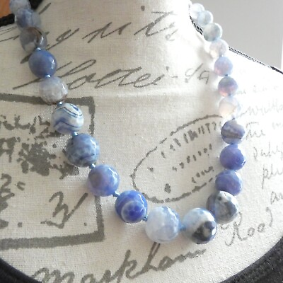 #ad Blue Lace Agate Bead Necklace Natural Gemstone Chunky Graduated Faceted Knotted GBP 59.99