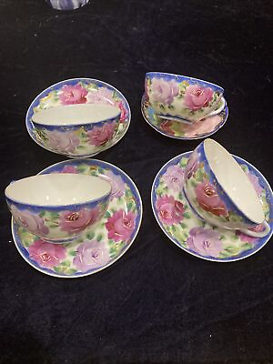 #ad 8pc. Antique Hand Painted With Roses Blue And Gold Japan Cups And Saucers $45.00