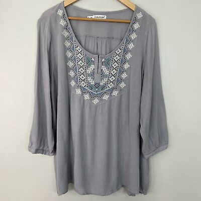 #ad Maurices Top 2X Gray Embroidered Beaded 3 4 Sleeve Blouse Women#x27;s $12.00