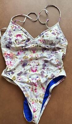 #ad J Crew Re Imagined Womens One Piece Swimsuit Lace Up Back Watercolor Print 6 $16.65