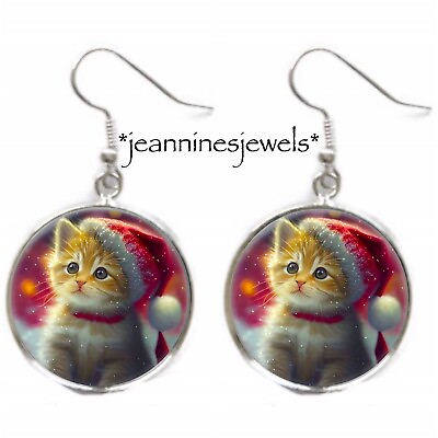 #ad Christmas Kitten Earrings Santa Cat Lover Gift SILVER Dangle Stocking Stuffer $21.99
