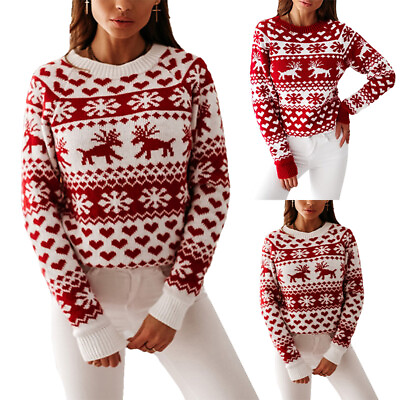 #ad Ladies Christmas Sweater Long Sleeve Jumper Tops Women Elk Pint Work Xmas $24.41