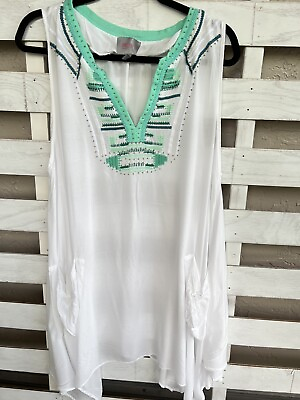 #ad Forcyntha Beach Wear Women XL Embroidered Aqua White Pockets $22.00