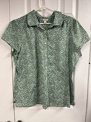#ad LL Bean women’s Green floral cotton blouse size XL short sleeves $16.99