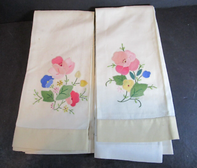 #ad Two Cotton Applique Hand Towels amp; Simple Hand Embroidery Pastel Florals 22x13 $14.99