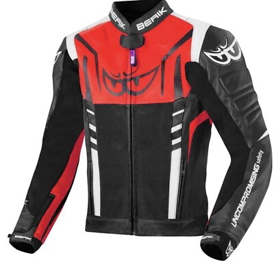 #ad Berik Striper Red Men#x27;s Motorcycle Leather Jacket $185.00