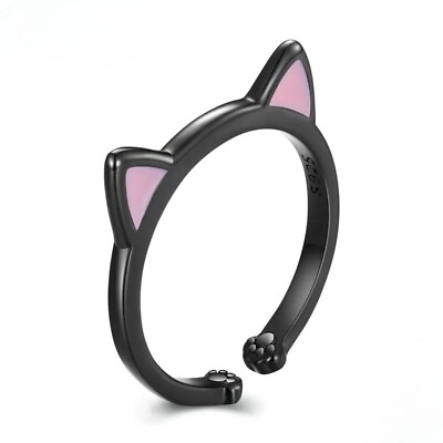 #ad 925 Sterling Silver Lovely Cat Pink Ear Open Ring for Women Cute Animal Pet Ring $23.00