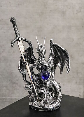 #ad Legendary Silver Dragon Carrying Orb and Excalibur Sword Letter Opener Figurine $20.99