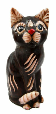#ad Balinese Wood Handicrafts Adorable Chocolate Feline Cat With Red Nose Figurine $28.99