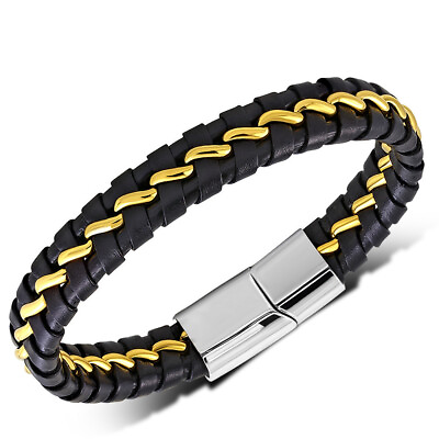 #ad Stainless Steel Two Tone Black Braided Leather Mens Cuff Bracelet 8.5quot; $19.99