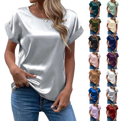 #ad Womens Satin Casual Short Sleeve T Shirt Tunic Tops Ladies Loose Solid Blouse US $16.55