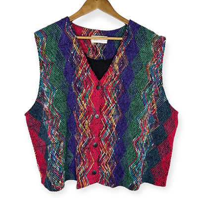 #ad Vintage Y2K Rainbow Chenille Colorful Sweater Vest CST Studio 90s Artsy Size 2X $17.85
