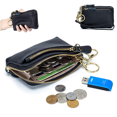 #ad Slim Black Leather Zipper Womens Wallet Coin Card Holder Purse with Keychain $11.99