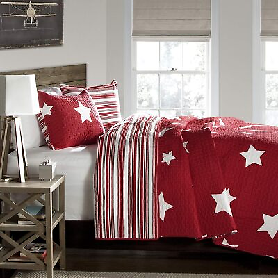 #ad Red White Stars Stripes USA Patriotic 3pc Quilt Coverlet Set Twin Full Queen Bed $74.90