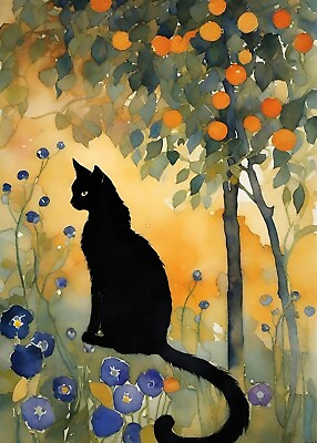 #ad 5x7 Cat Kitten Black Art Deco Vintage Style Print Painting By Artist Luna A1 $14.99