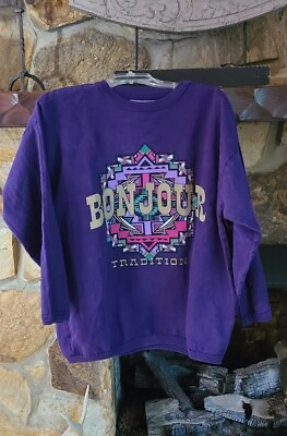 #ad Vintage Bon Jour Sweatshirt Purple Southwest Aztec Tribal Cotton 90s $19.99