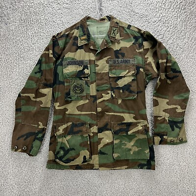 #ad US Army Camo Overshirt Shacket Mens S Green Camo Rip Stop Small holes in back GBP 10.99