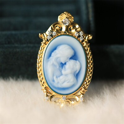 #ad F18 Mother And Child Baby Cameo Pearl Blue Agate Pendant Silver 925 $100.53