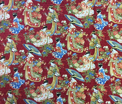 #ad NC27 Japanese Geisha Garden Kimono Fan Asia Japan Cotton Quilt Fabric $11.97