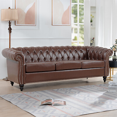 #ad 84in Chesterfield Sofa Faux Leather Upholstered 3 Seater Rolled Arm Tufted Brown $699.99