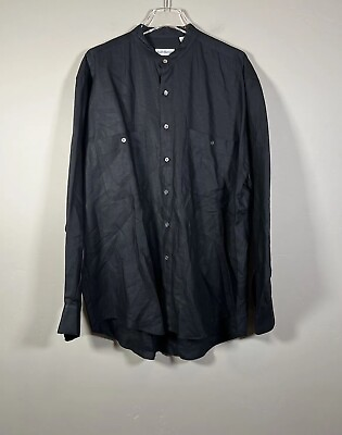 #ad Vintage Barry Bricken Linen Shirt Mens Mandarin Collar Lagenlook Hong Kong Black $35.84