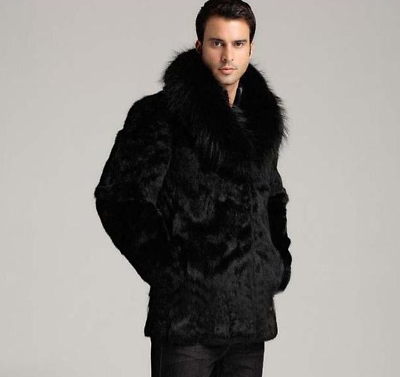#ad Rabbit Fur Men#x27;s Fur Jacket Winter Fox Fur Collar Zip Short Coat Warm Plus Size $155.70