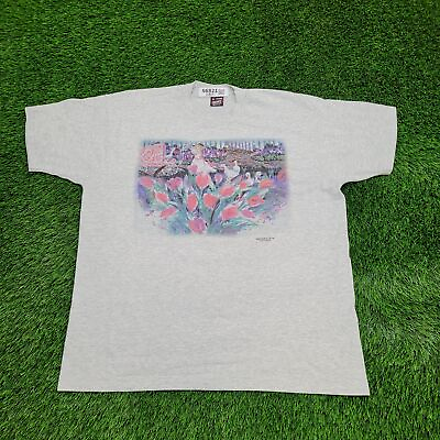 #ad Vintage 90s Botanical Garden Tulip Flower Shirt Women XL 24x28 Light Gray Floral $19.95