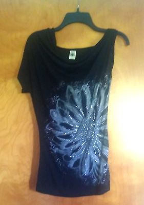 Hybrid Brand Black T Shirt Women#x27;s S 1 Sleeve Asymetrical bling large flower $19.99