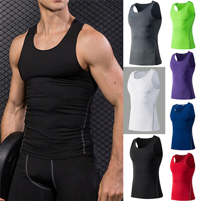#ad Men#x27;s Compression Workout Gym Running Cool Dry Tank Top Solid Stretchy New Vest❤ $5.59