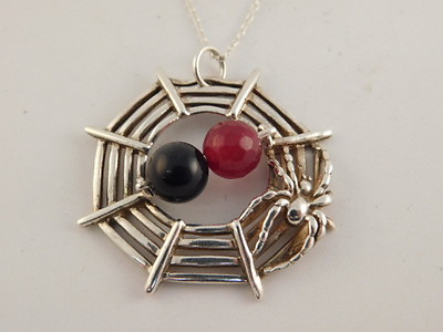 #ad STERLING SPIDER WEB PENDANT NECKLACE CARNELIAN ONYX SILVER 925 $48.56