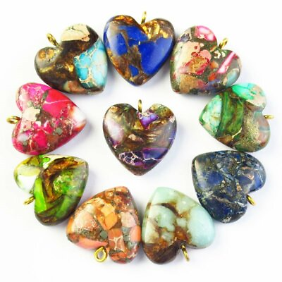 #ad 10Pcs Color Sea Sediment Jasper Gold Copper Bornite Heart Pendant Bead SH7490 $16.37