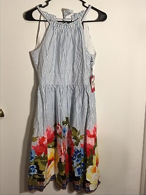 #ad Vince Camuto Blue Striped Floral Print High Ruffle Neck Dress Sz 4 $158.00