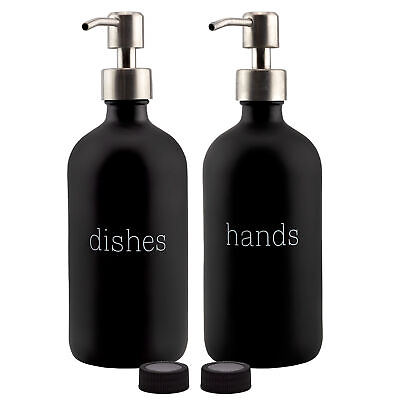 #ad 16oz Hands Dishes Pump Bottles 2pc Set; Black Coat Glass Kitchen Soap Dispensers $17.99