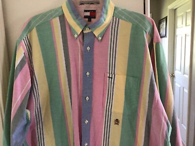 #ad Tommy Hilfiger Mens Button Down Embroidered Logo Multicolor Striped Shirt Size L $18.90