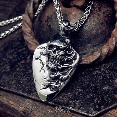 #ad Mens Guitar Pick Dark Skull Pendant Stainless Steel Rock Necklace Fast Shipping $14.99