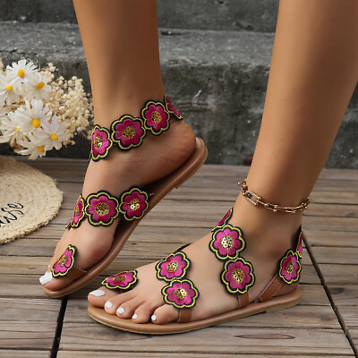 #ad Ethnic Style Flowers Flat Sandals Summer Vacation Casual Clip Toe Beach Shoes Fo $31.07