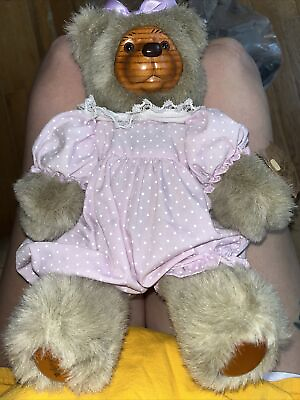 #ad Vintage RAIKES Bear 12” COOKIE Stuffed Plush Girl Bow Wooden Face Paws Signed $18.00
