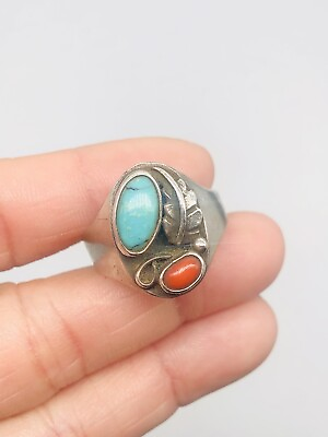 #ad Vtg JP 925 Sterling Silver Native American Blue Turquoise Red Coral Ring Sz 10.5 $123.25