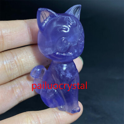 #ad 1pc Natural Fluorite Moon cat Quartz Crystal Cat Skull Carved Figurines Gem 2.3quot; $17.49
