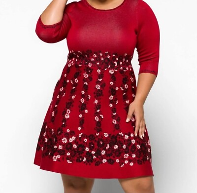 #ad NWT Taylor Red Black Floral Pullover Fit amp; Flare Sweater Dress Size 1X $32.00