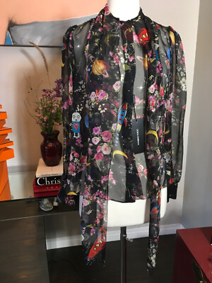#ad Dolce amp; Gabbana Size 36 Black Silk Floral Moons Robot Blouse NWT 2400 94 12119 $702.00