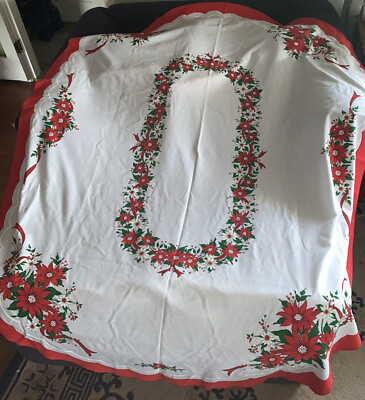 #ad Vintage Fabric Oval Christmas Tablecloth Red amp; White Poinsettia Ribbon 62quot; x 84quot; $34.00