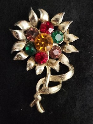 #ad CORO 40#x27;s Heavy Silver And Multi Color Ab Rhinestone Flower Brooch *signed $159.75