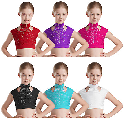 #ad Kids Girls Vest School Show Crop Top Cutout Dancewear Rhinestones T Shirts Tops $9.19