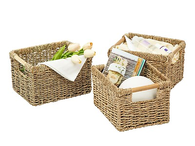 Wicker Storage Basket with Wooden Handle Decorative Wicker Small Basket 3 Pack $55.95
