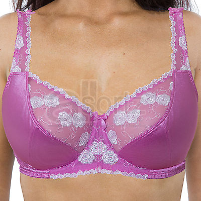 #ad Ladies Pink Satin Bra Pretty Rose Lace Detail Underwired Firm Hold Plus Size Cup GBP 14.95