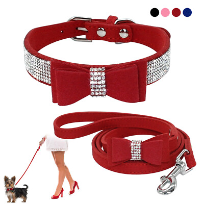 #ad Rhinestone Small Dog Collar amp; Leash Bling Crystal Puppy Kitten Bowknot Necklace $12.99