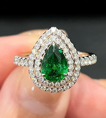 #ad Natural Emerald and Diamond 14k Solid White Gold Ring All Sizes $666.66
