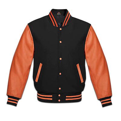 #ad Varsity Baseball Bomber Lettermen Jacket Black Wool Body amp; Orange Leather Sleeve $119.99
